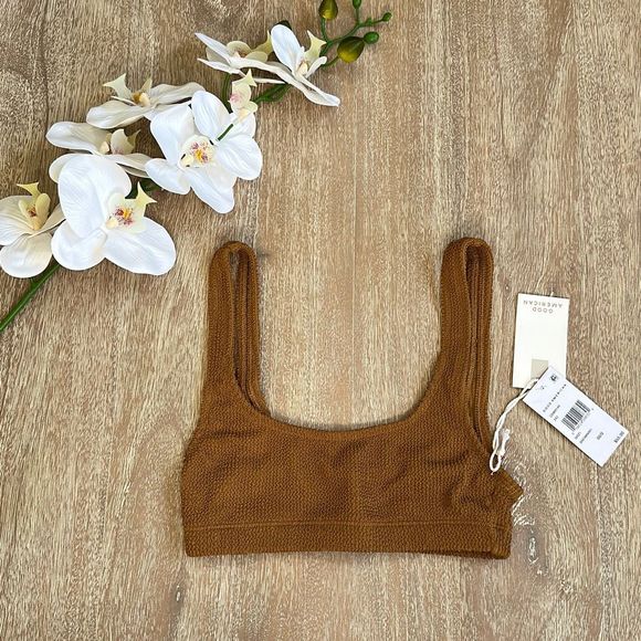 Good American Crinkle Scoop Bra in Bronze Brown 001 Size 00/0 - Picture 2 of 9